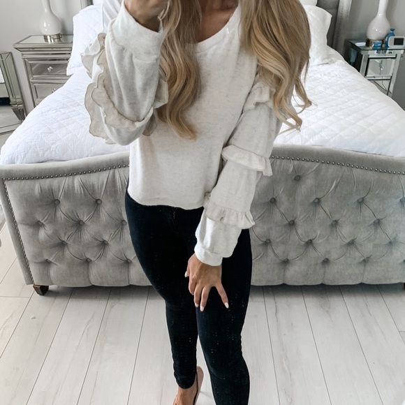 Ruffle Oatmeal Long Sleeve Detail Loose Top - Picture 6 of 11